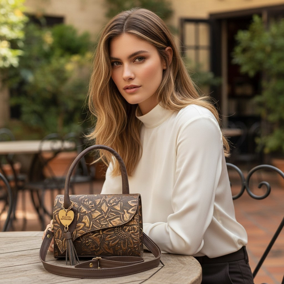 Unbranded Handbags - Dark Brown Gold Sunflower Embossed Tooled Artisan LEATHER Crossbody bag